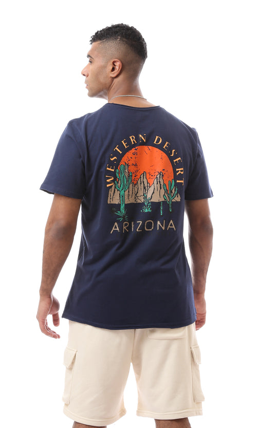 O164611 Fashioned Navy Blue T-Shirt With Front & Back Printed Pattern