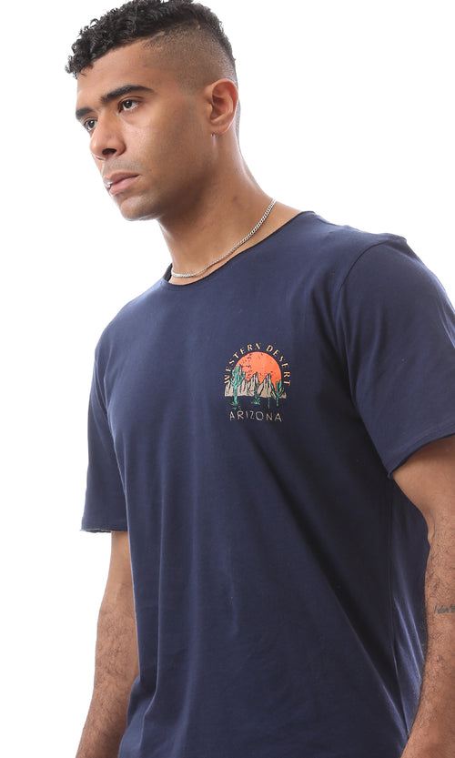 O164611 Fashioned Navy Blue T-Shirt With Front & Back Printed Pattern