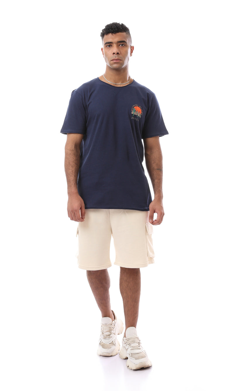 O164611 Fashioned Navy Blue T-Shirt With Front & Back Printed Pattern