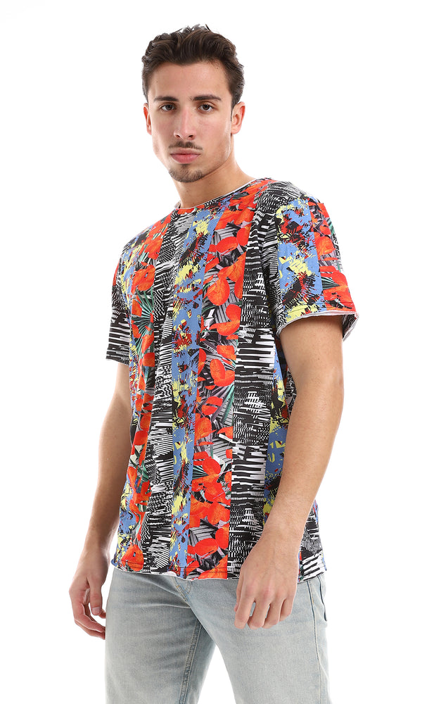 O164612 Red, Blue, White, Black & Yellow Multi-Patterned Tee