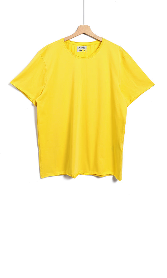 O164618 Solid Patterned Basic Yellow Plain T-Shirt