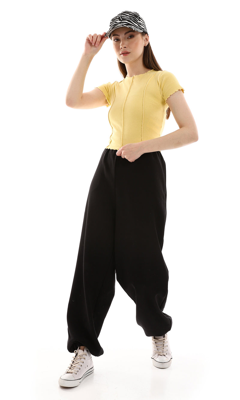 o164663-slip-on-yellow-tee-with-stitching-details-women-short-sleeve-t-shirt