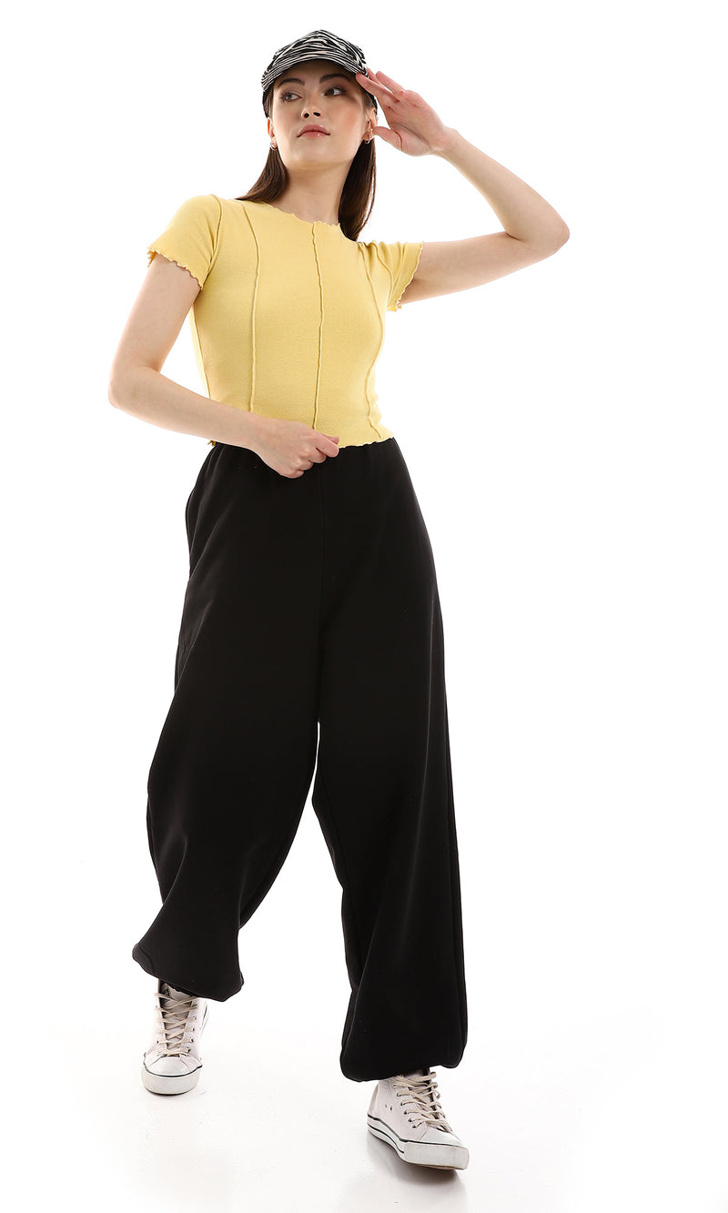 o164663-slip-on-yellow-tee-with-stitching-details-women-short-sleeve-t-shirt