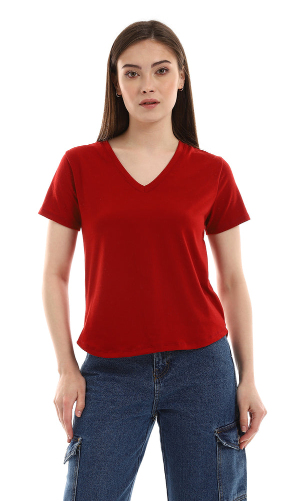 o164684-v-neck-slip-on-burgundy-cotton-tee-women-short-sleeve-t-shirt