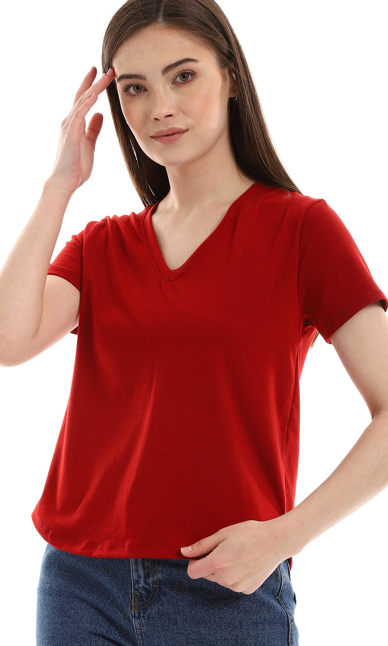 o164684-v-neck-slip-on-burgundy-cotton-tee-women-short-sleeve-t-shirt