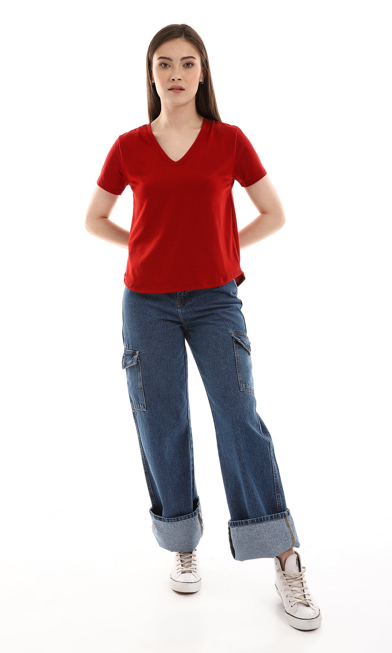 o164684-v-neck-slip-on-burgundy-cotton-tee-women-short-sleeve-t-shirt