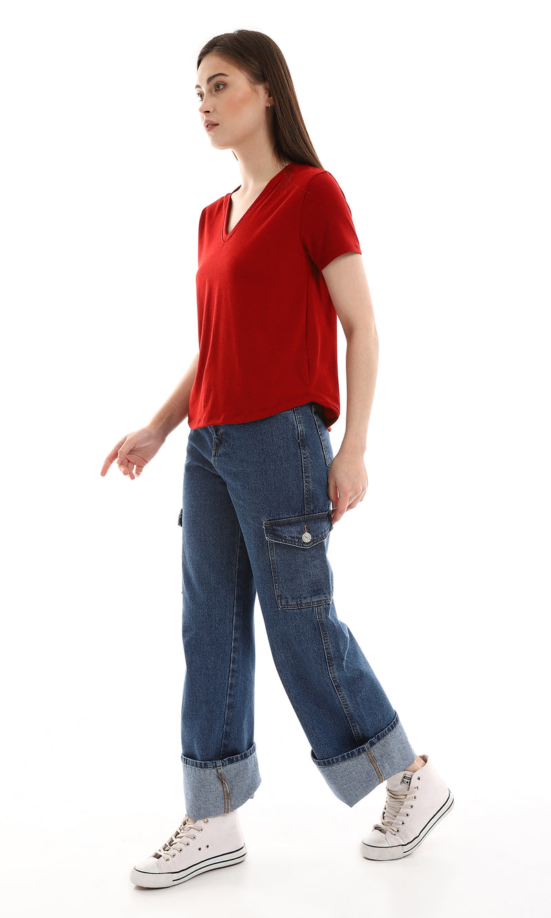 o164684-v-neck-slip-on-burgundy-cotton-tee-women-short-sleeve-t-shirt