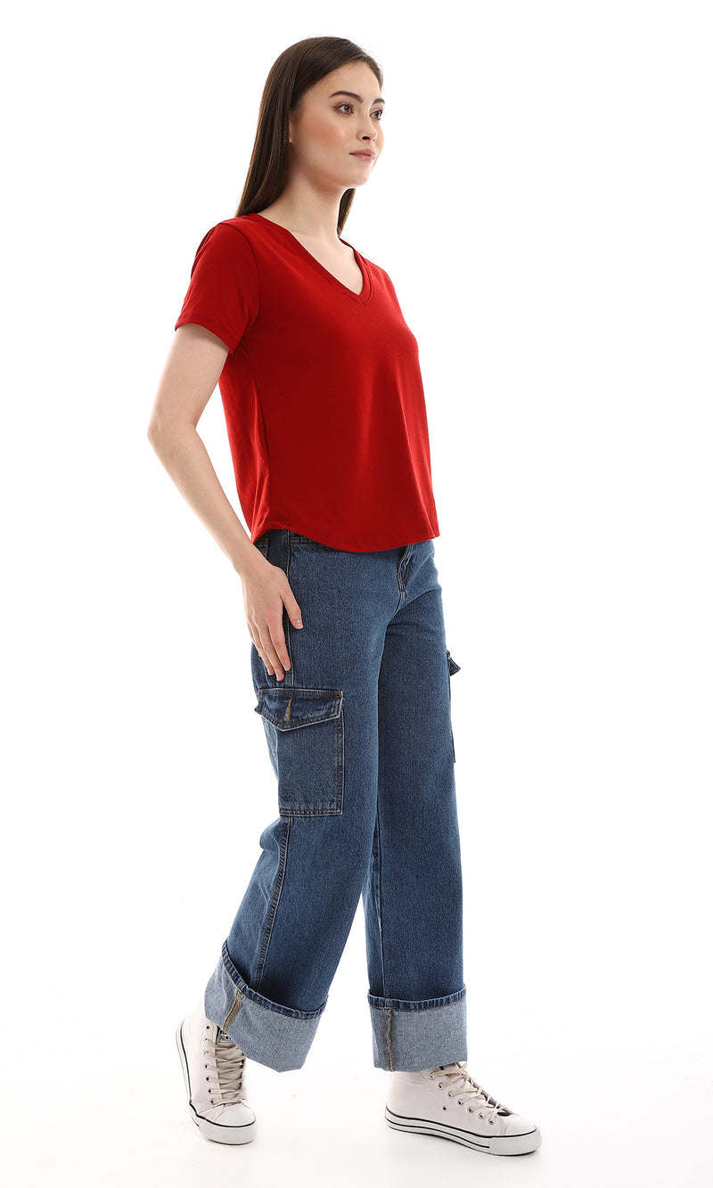 o164684-v-neck-slip-on-burgundy-cotton-tee-women-short-sleeve-t-shirt