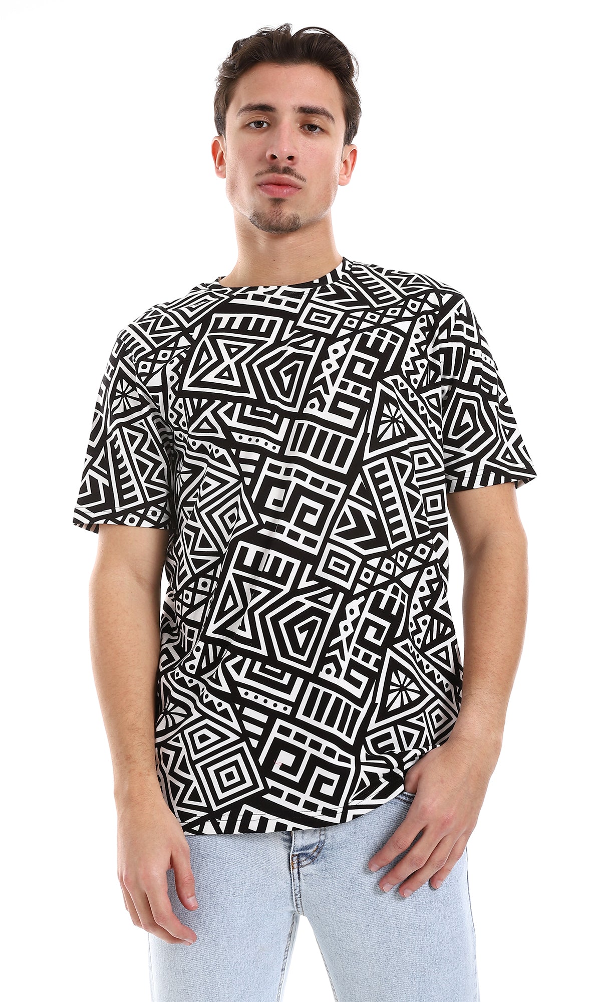 O164734 African Patterned Slip On Tee - Black & White