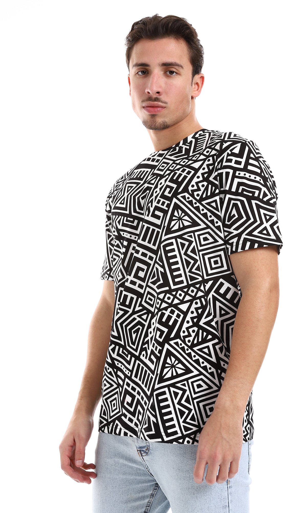 O164734 African Patterned Slip On Tee - Black & White