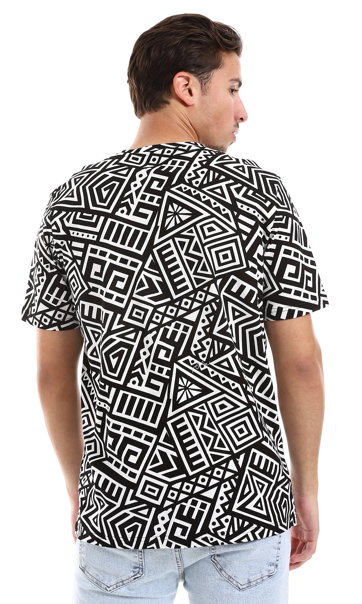 O164734 African Patterned Slip On Tee - Black & White