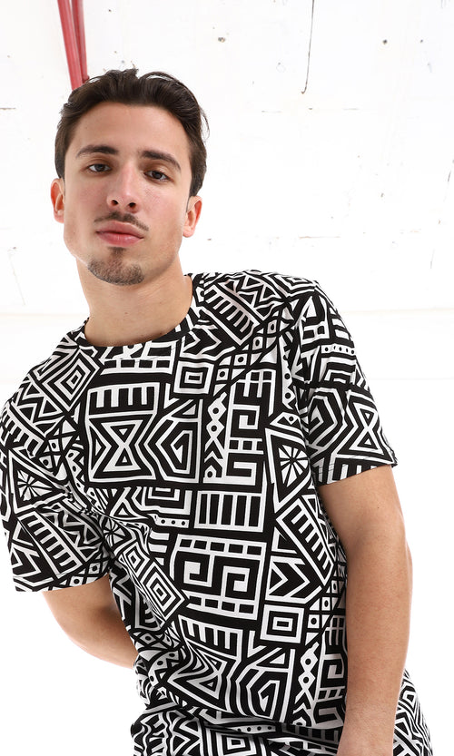 O164734 African Patterned Slip On Tee - Black & White