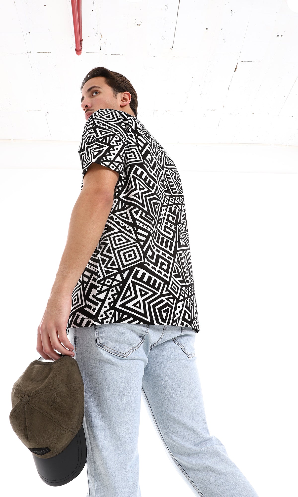 O164734 African Patterned Slip On Tee - Black & White