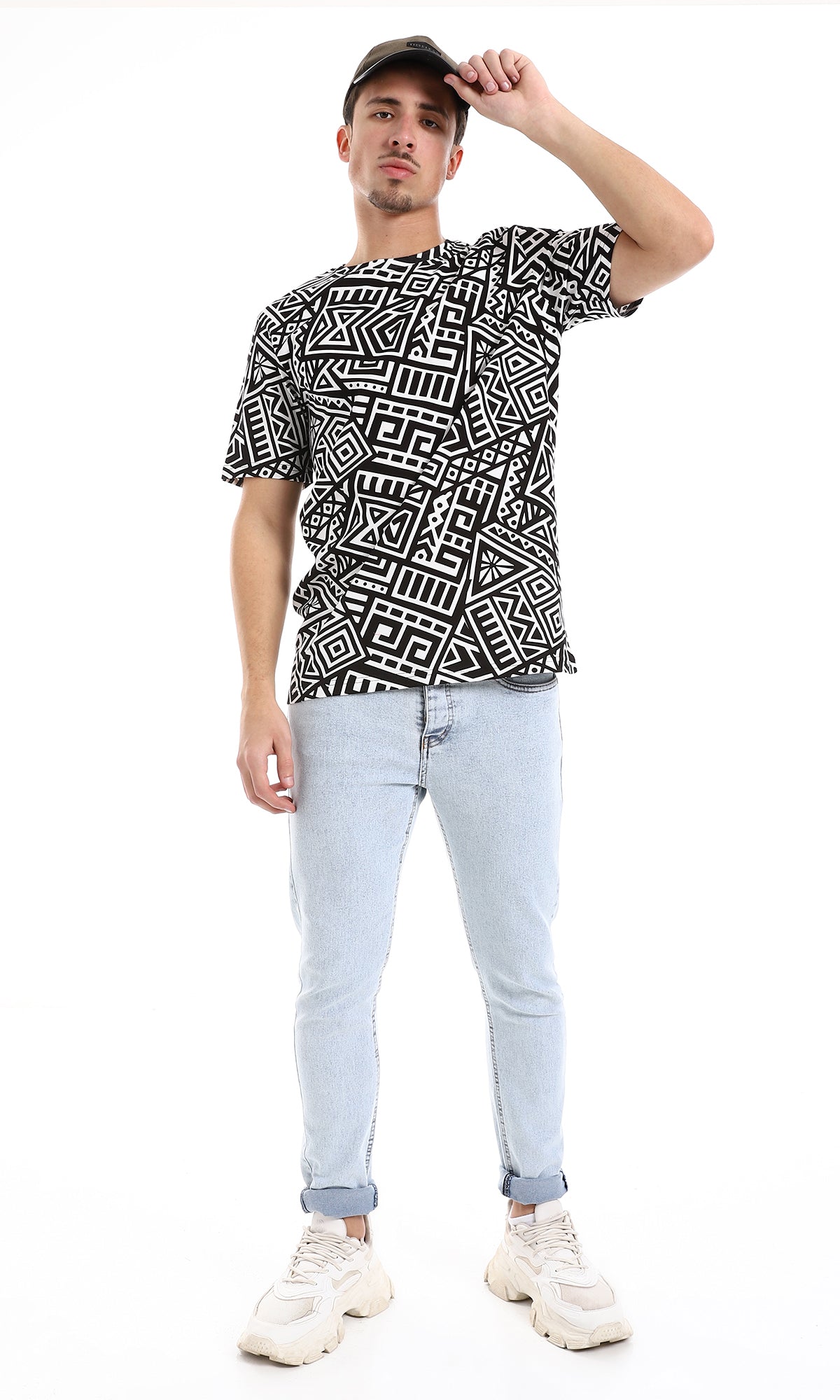 O164734 African Patterned Slip On Tee - Black & White