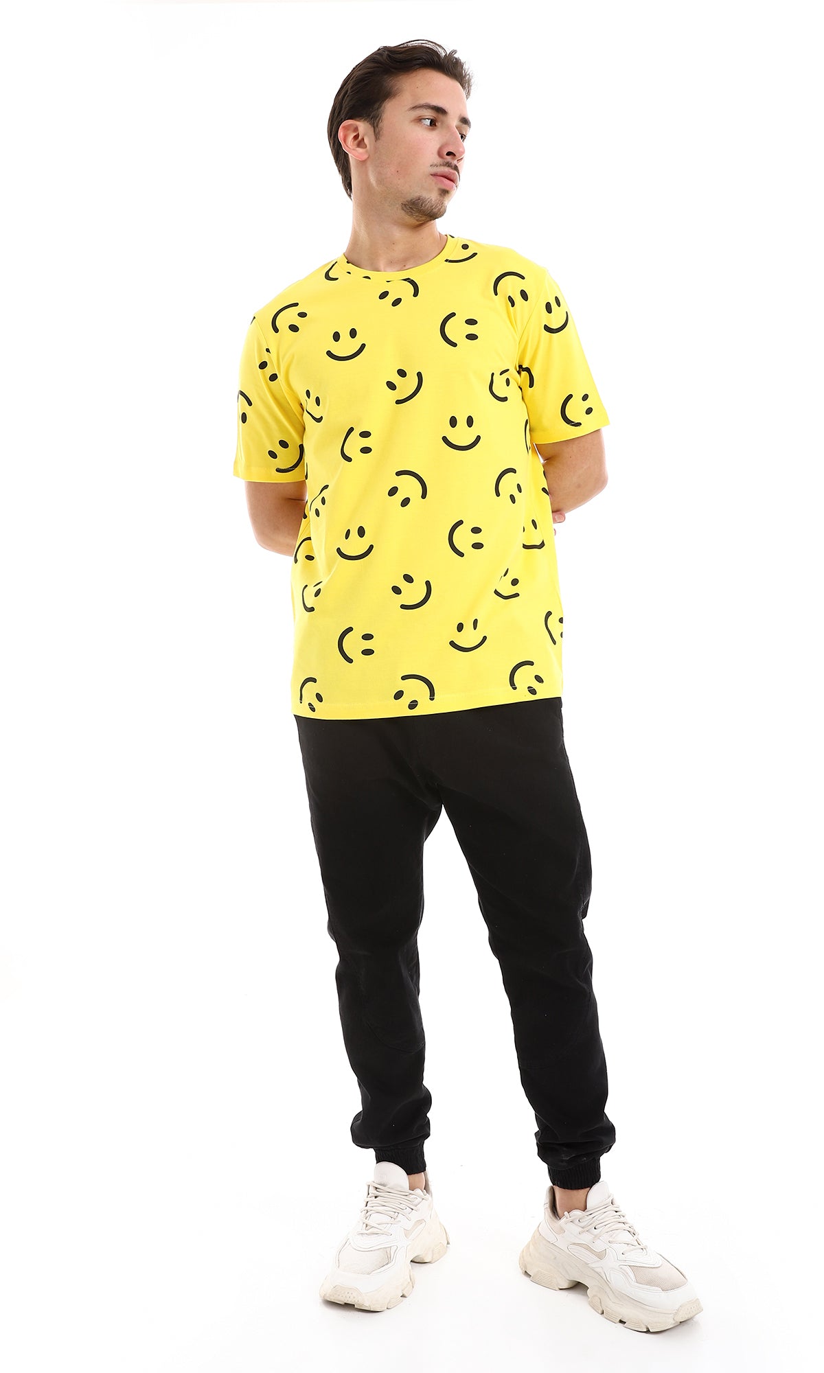 O164736 Smiles Patterned Slip On Cotton Tee - Yellow & Black