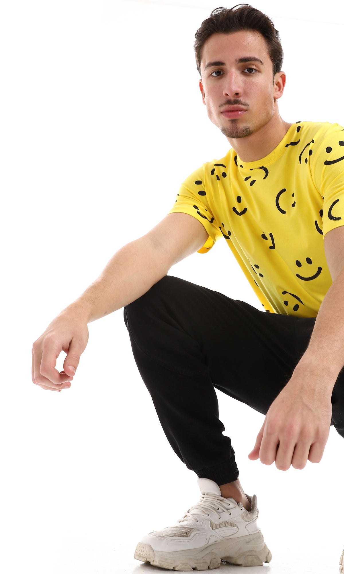 O164736 Smiles Patterned Slip On Cotton Tee - Yellow & Black
