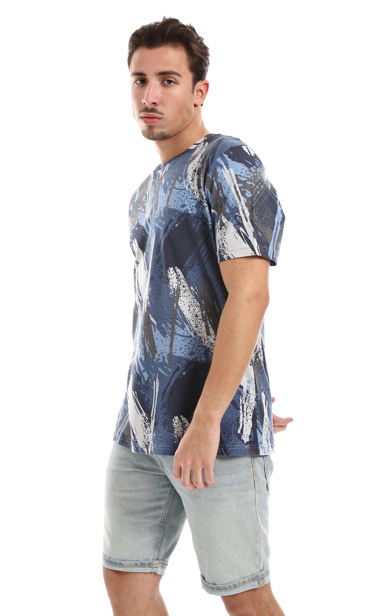 O164739 Self Patterned Cotton Tee - Brown & Blue Shades