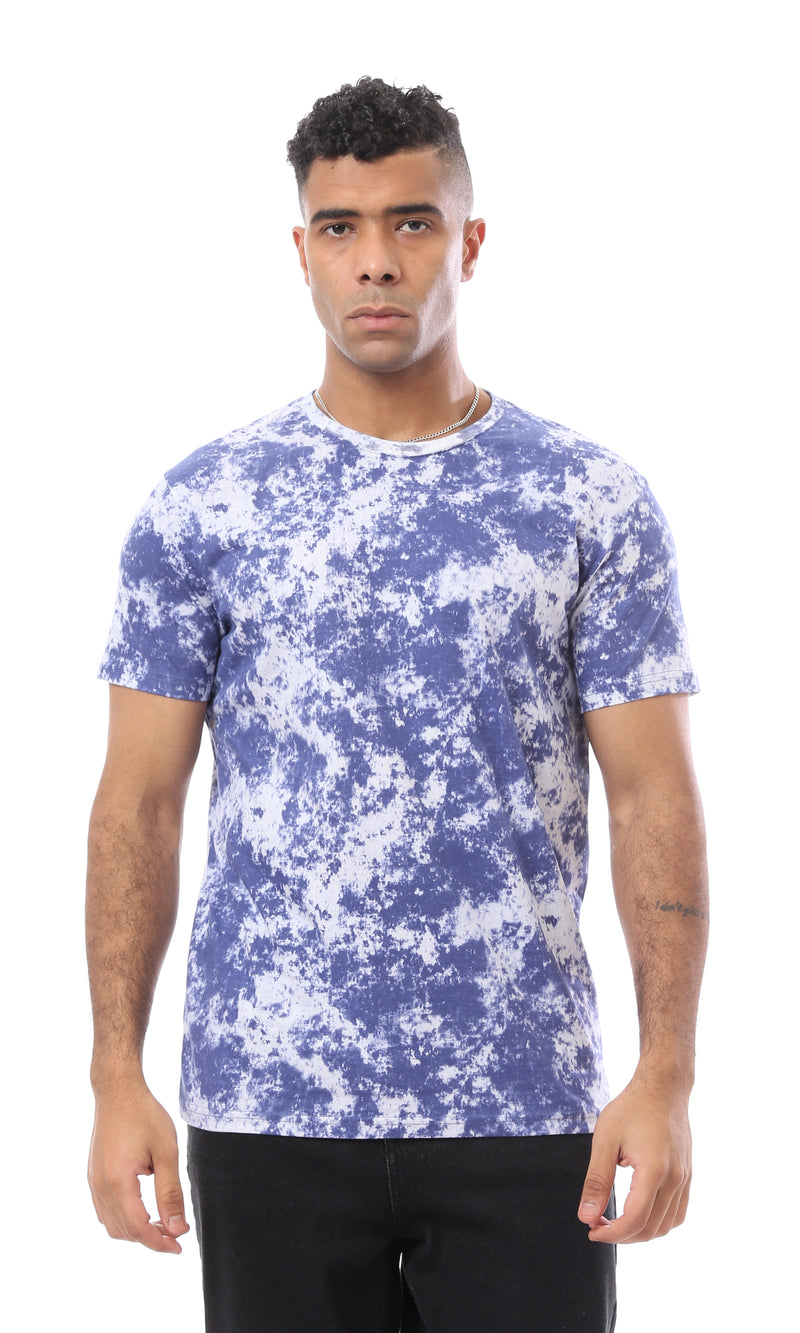 O164744 Tie Dye Dark Blue & White Round Neck Tee