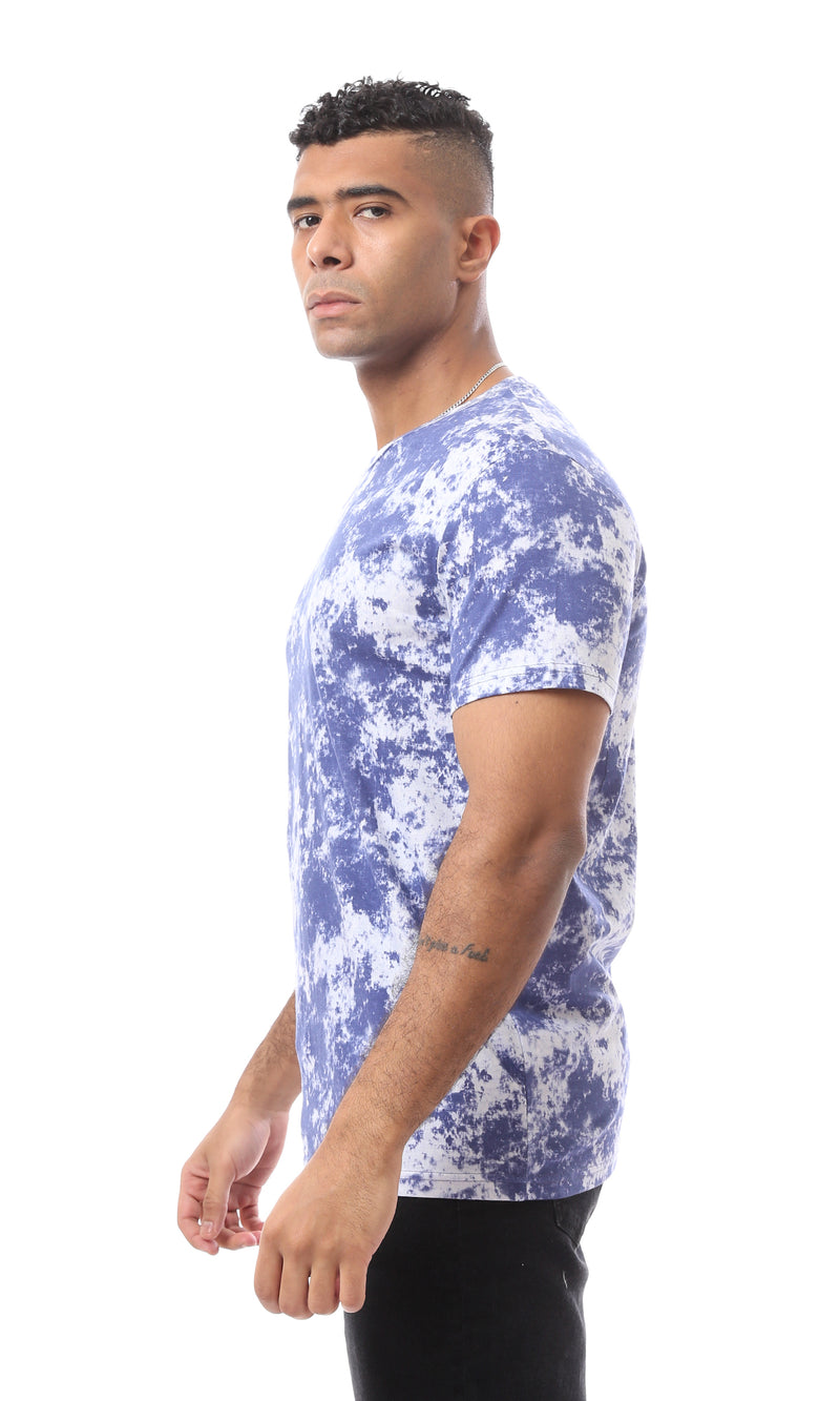 O164744 Tie Dye Dark Blue & White Round Neck Tee