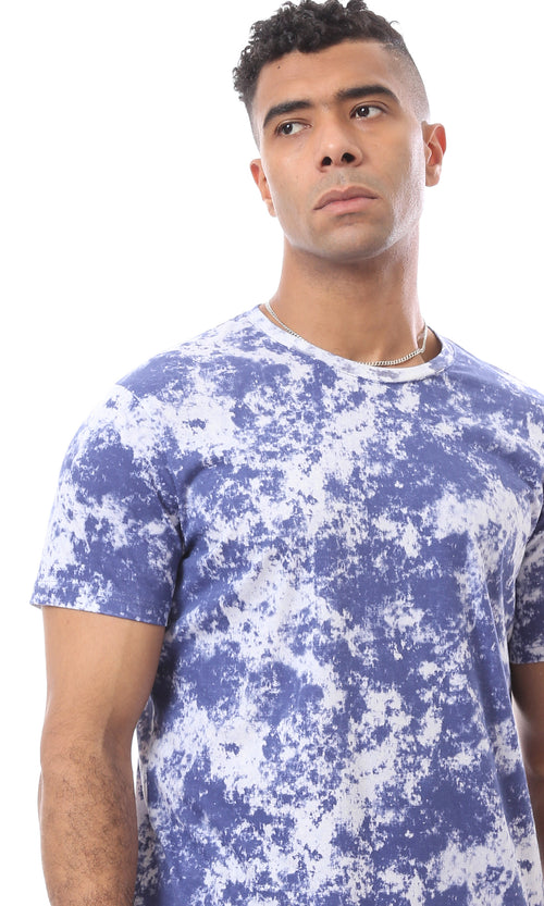 O164744 Tie Dye Dark Blue & White Round Neck Tee