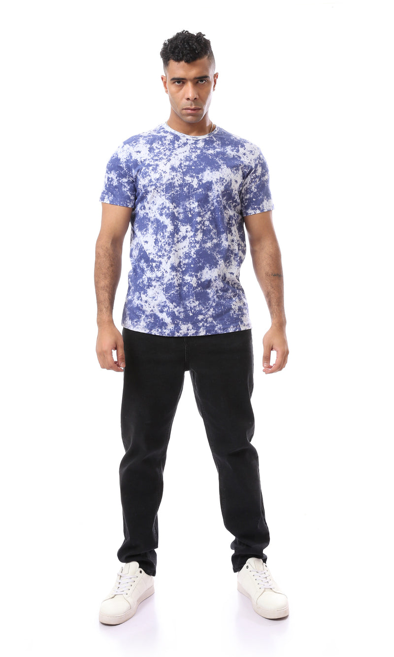 O164744 Tie Dye Dark Blue & White Round Neck Tee