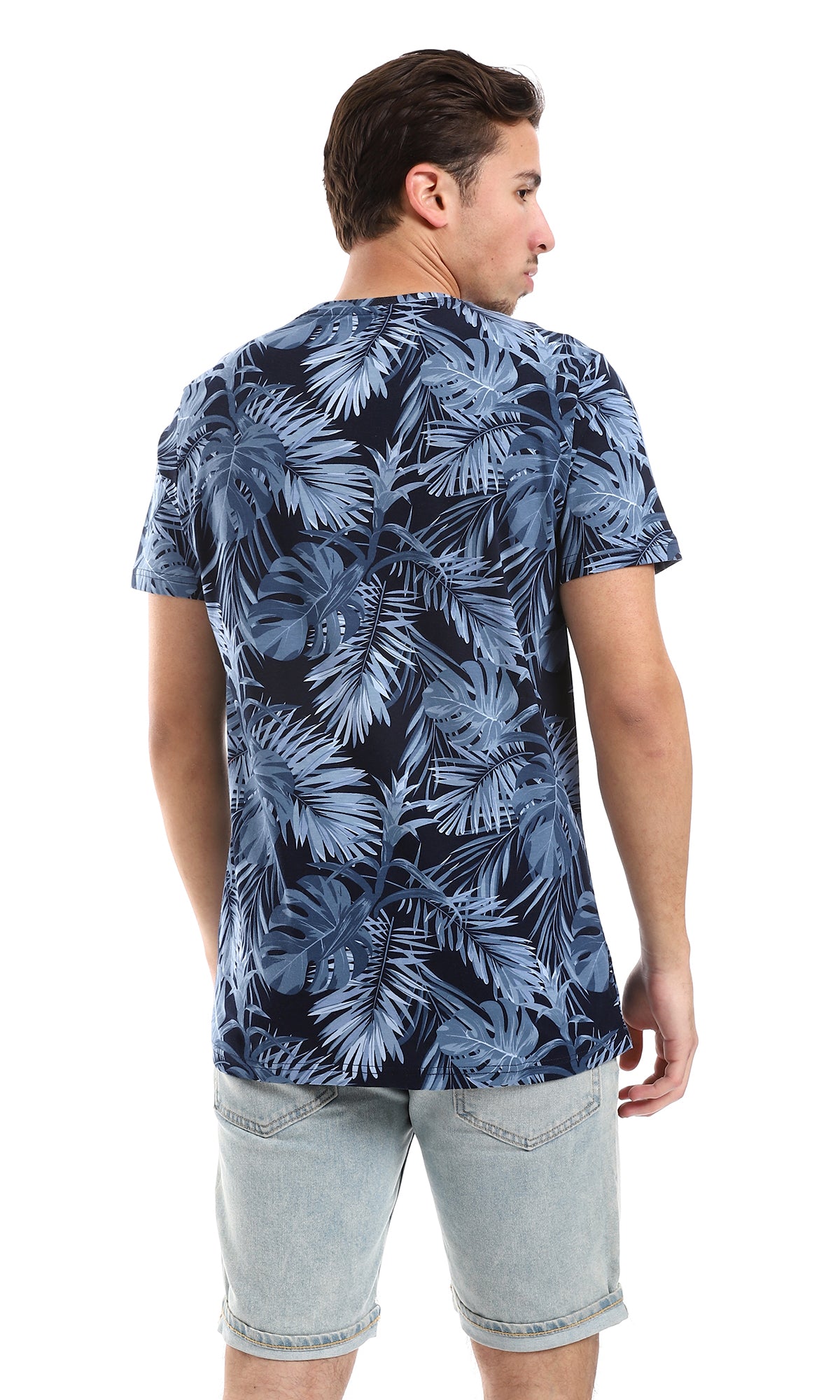O164745 Navy Blue & Blue Leaves Patterned Tee