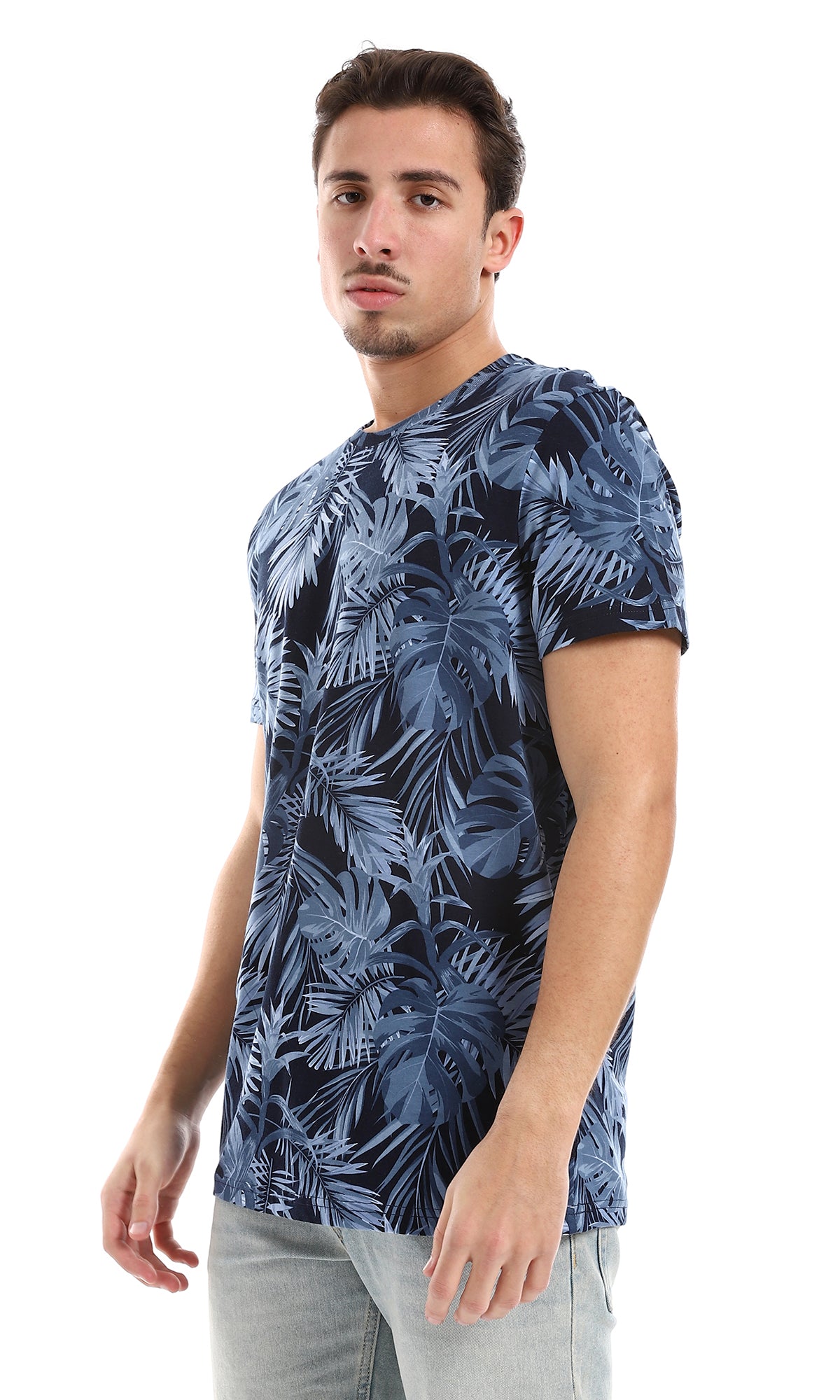 O164745 Navy Blue & Blue Leaves Patterned Tee