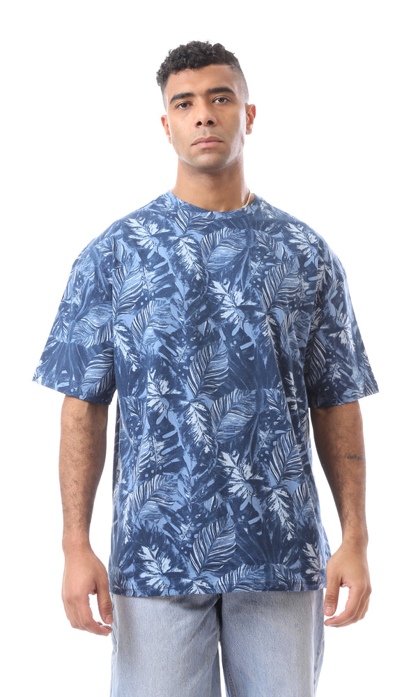 O164754 Stylish Navy Blue & Dusty Blue T-Shirt Leaves Printed
