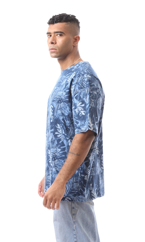 O164754 Stylish Navy Blue & Dusty Blue T-Shirt Leaves Printed