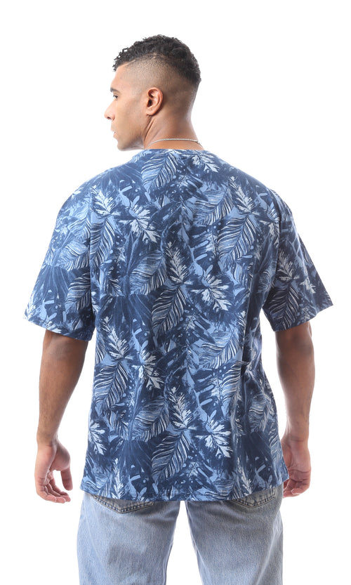 O164754 Stylish Navy Blue & Dusty Blue T-Shirt Leaves Printed
