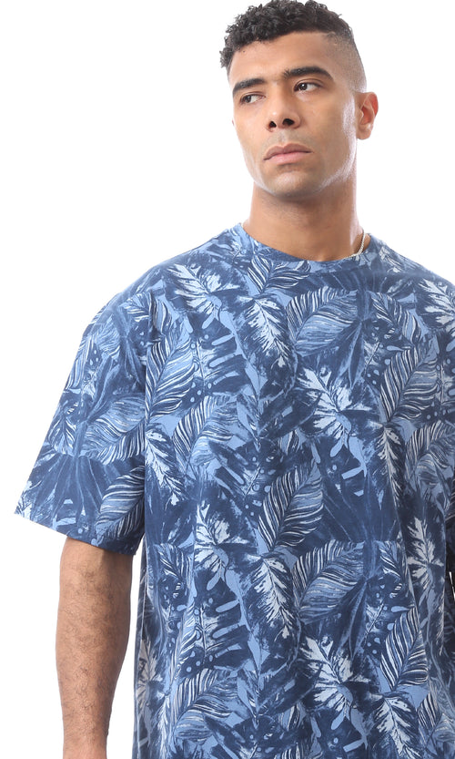O164754 Stylish Navy Blue & Dusty Blue T-Shirt Leaves Printed
