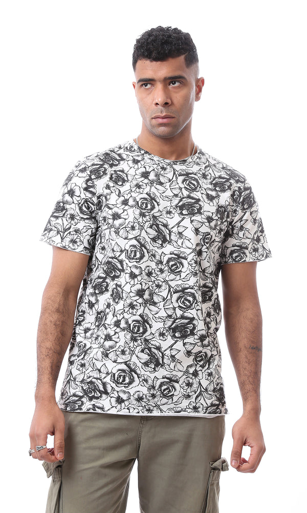 O164761 Short Sleeves Black & White Floral Cotton Tee