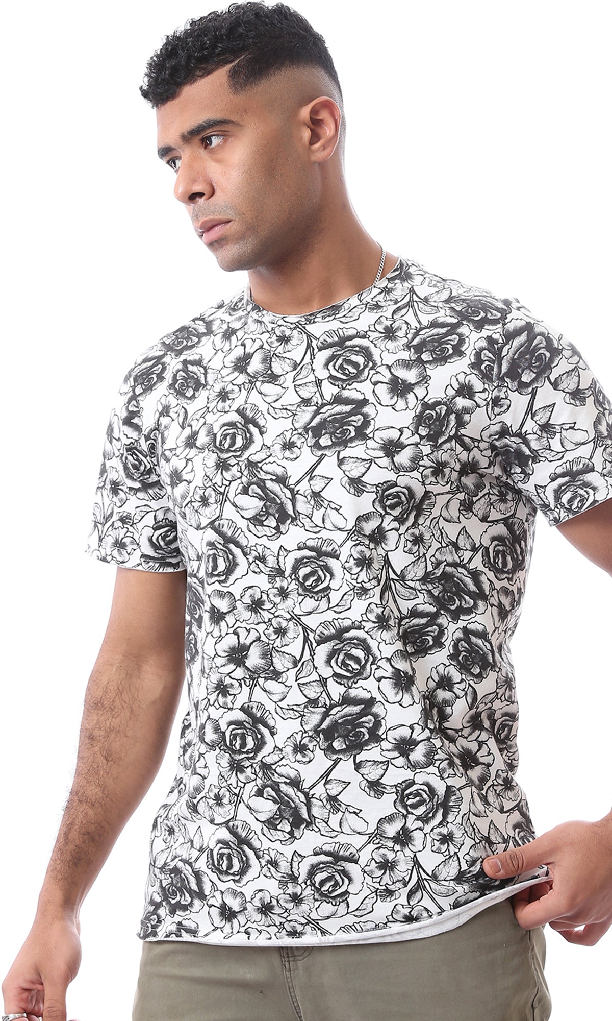 O164761 Short Sleeves Black & White Floral Cotton Tee