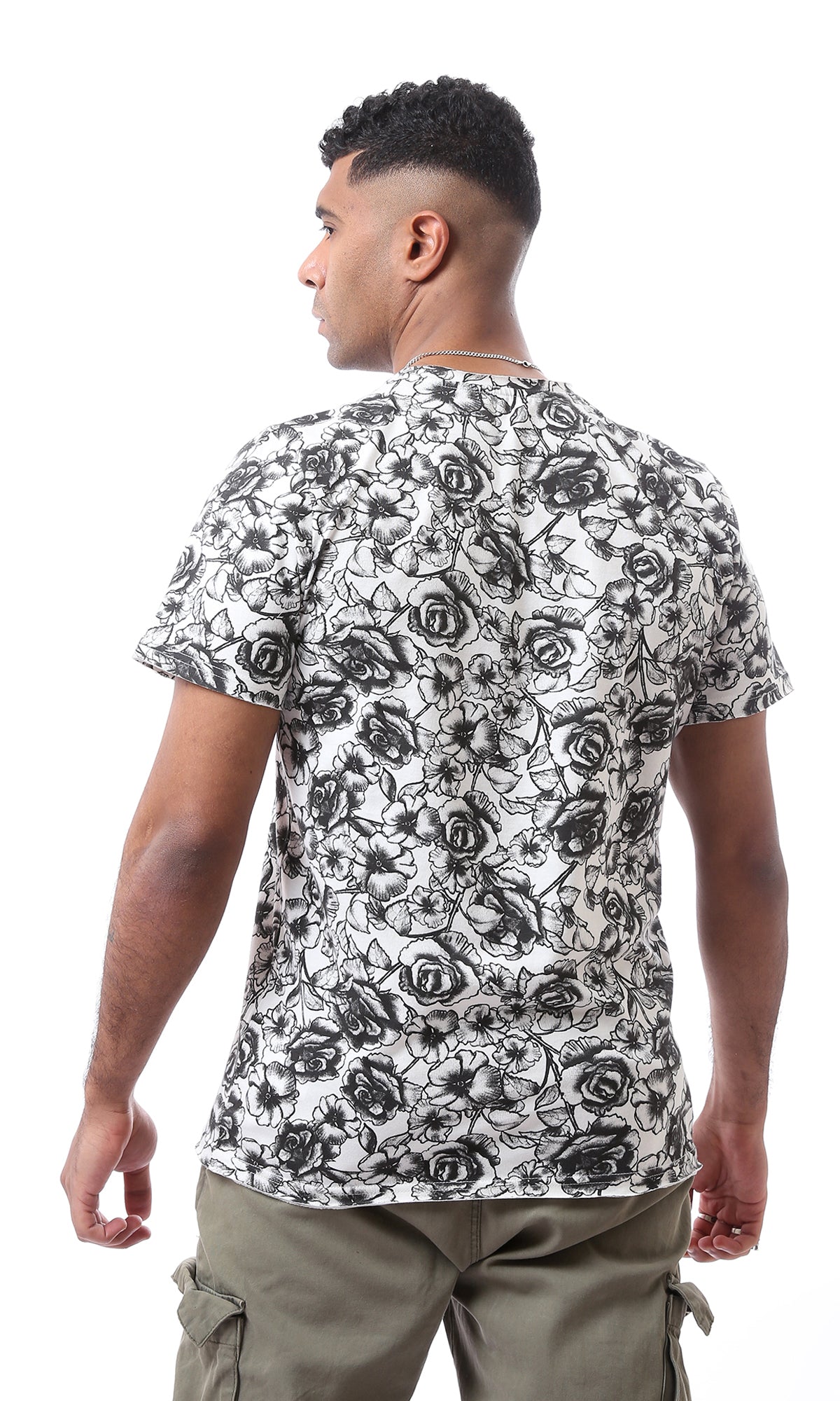 O164761 Short Sleeves Black & White Floral Cotton Tee