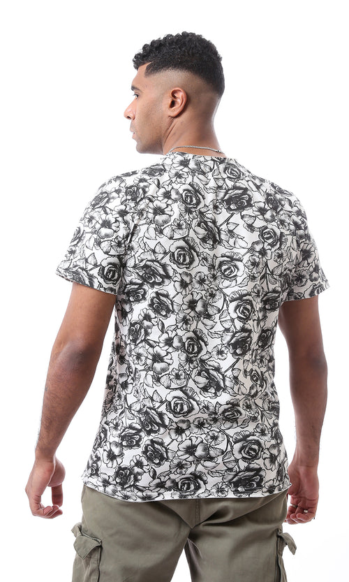 تي شيرت قطن زهري بأكمام قصيرة أبيض و اسود