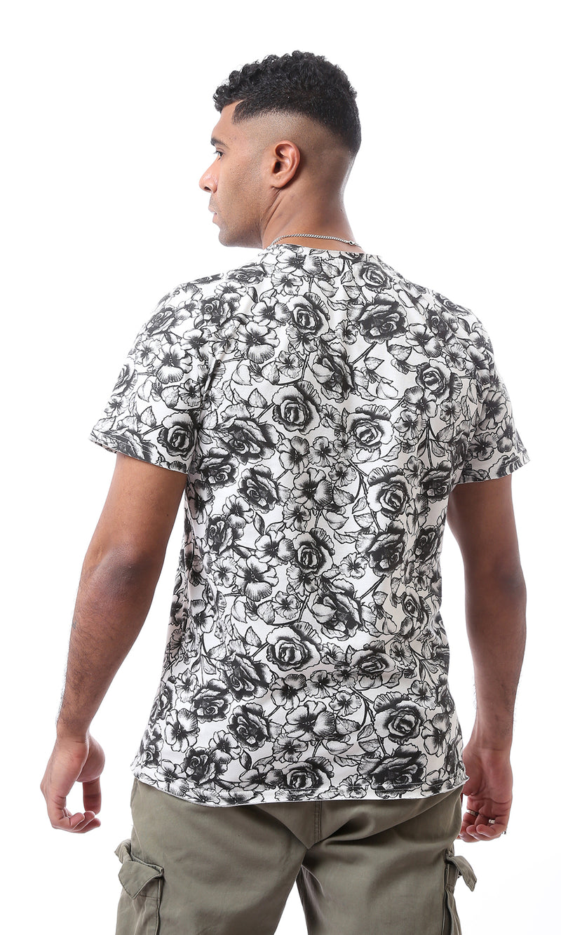 O164761 Short Sleeves Black & White Floral Cotton Tee