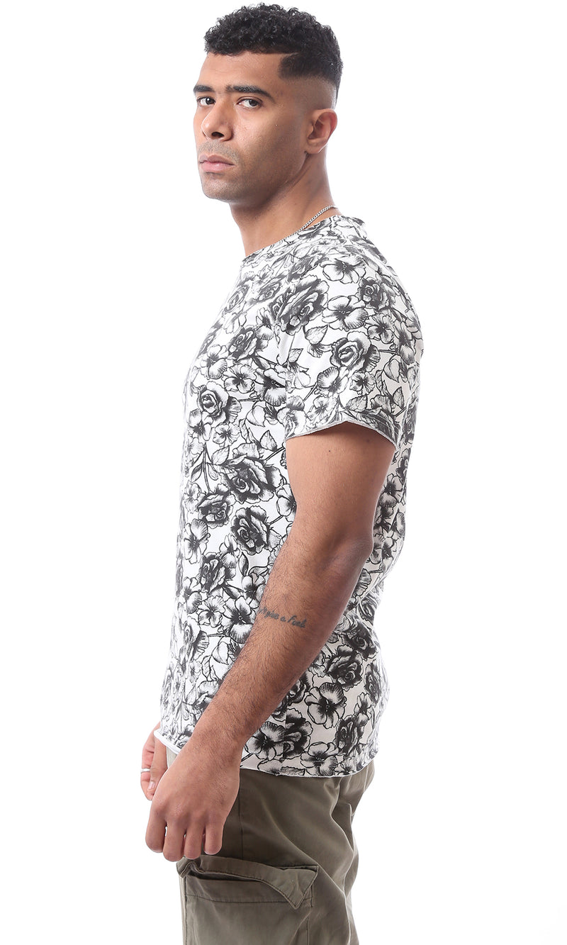 O164761 Short Sleeves Black & White Floral Cotton Tee