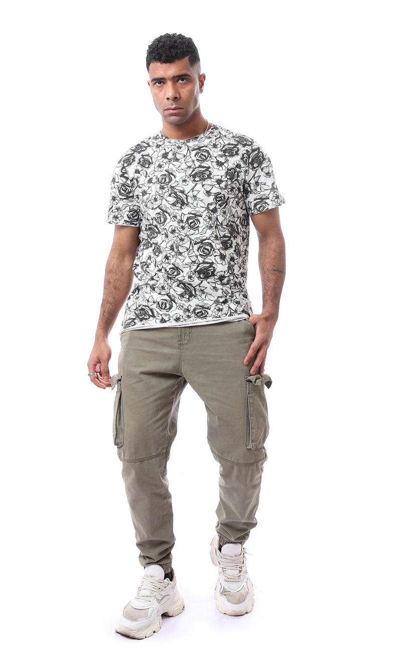 O164761 Short Sleeves Black & White Floral Cotton Tee