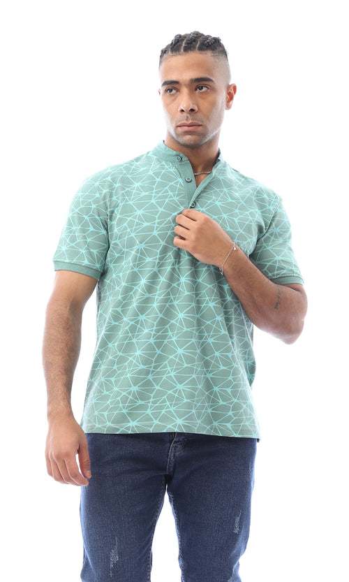 O164769 Buttoned Mandarin Collar Mint Polo Shirt