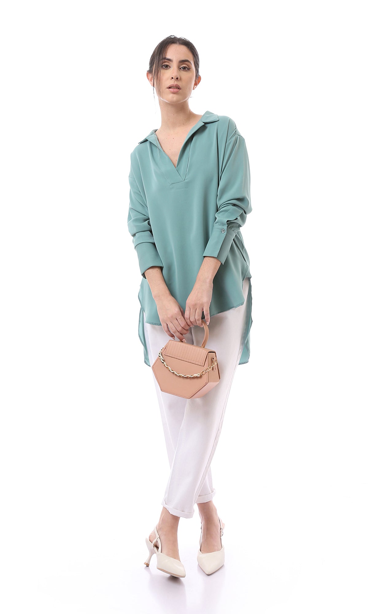 O165033 High-Low Mint Green Comfy Solid Blouse