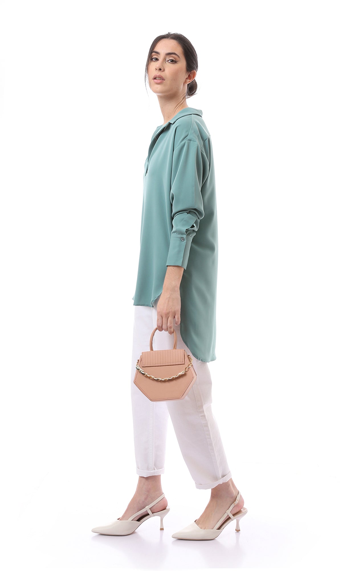 O165033 High-Low Mint Green Comfy Solid Blouse