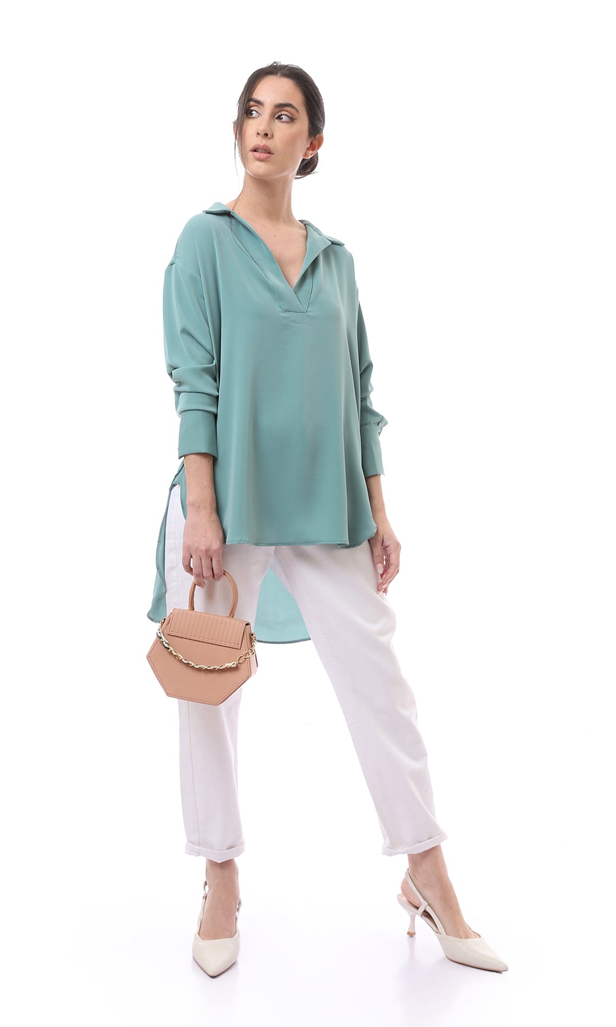 O165033 High-Low Mint Green Comfy Solid Blouse