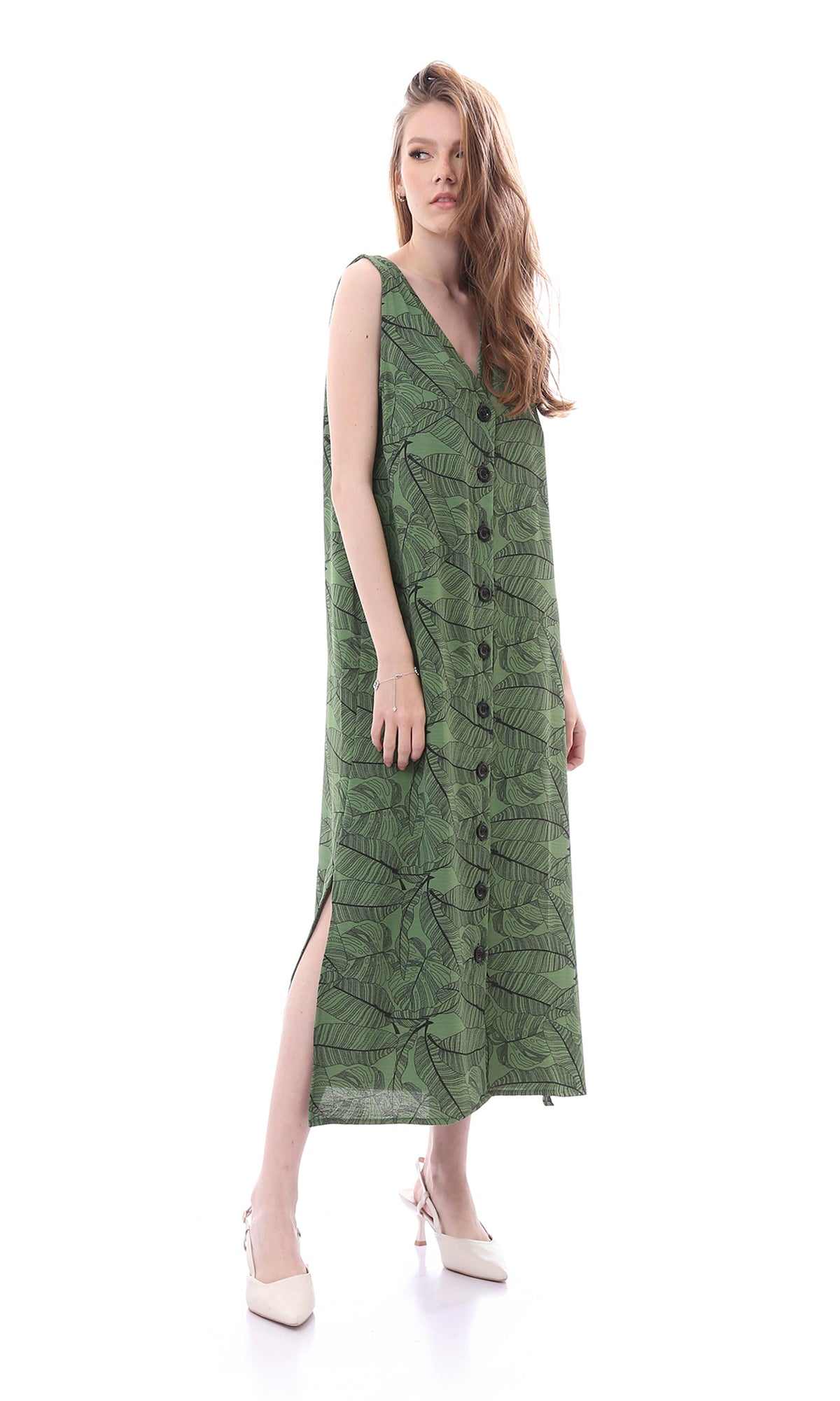 O165061 Comfy Slip On Olive Dress With Side Slits