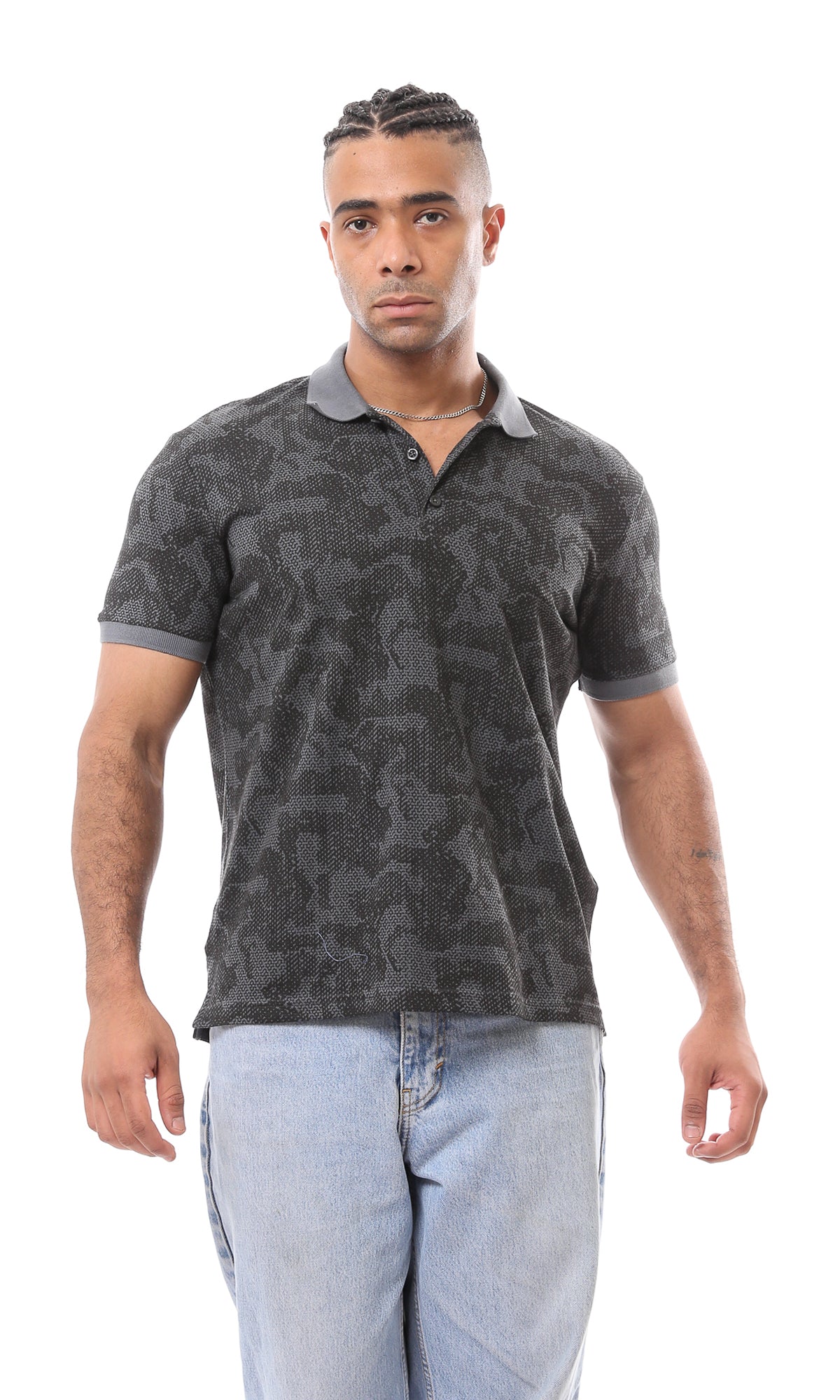 O165180 Classic Collar Dark Grey Patterned Polo Shirt