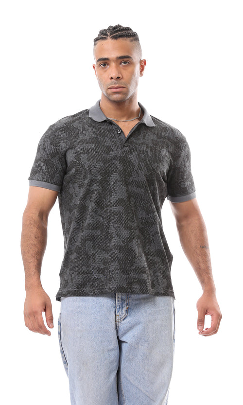 O165180 Classic Collar Dark Grey Patterned Polo Shirt