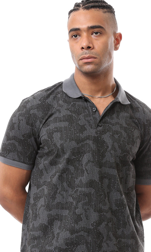 O165180 Classic Collar Dark Grey Patterned Polo Shirt