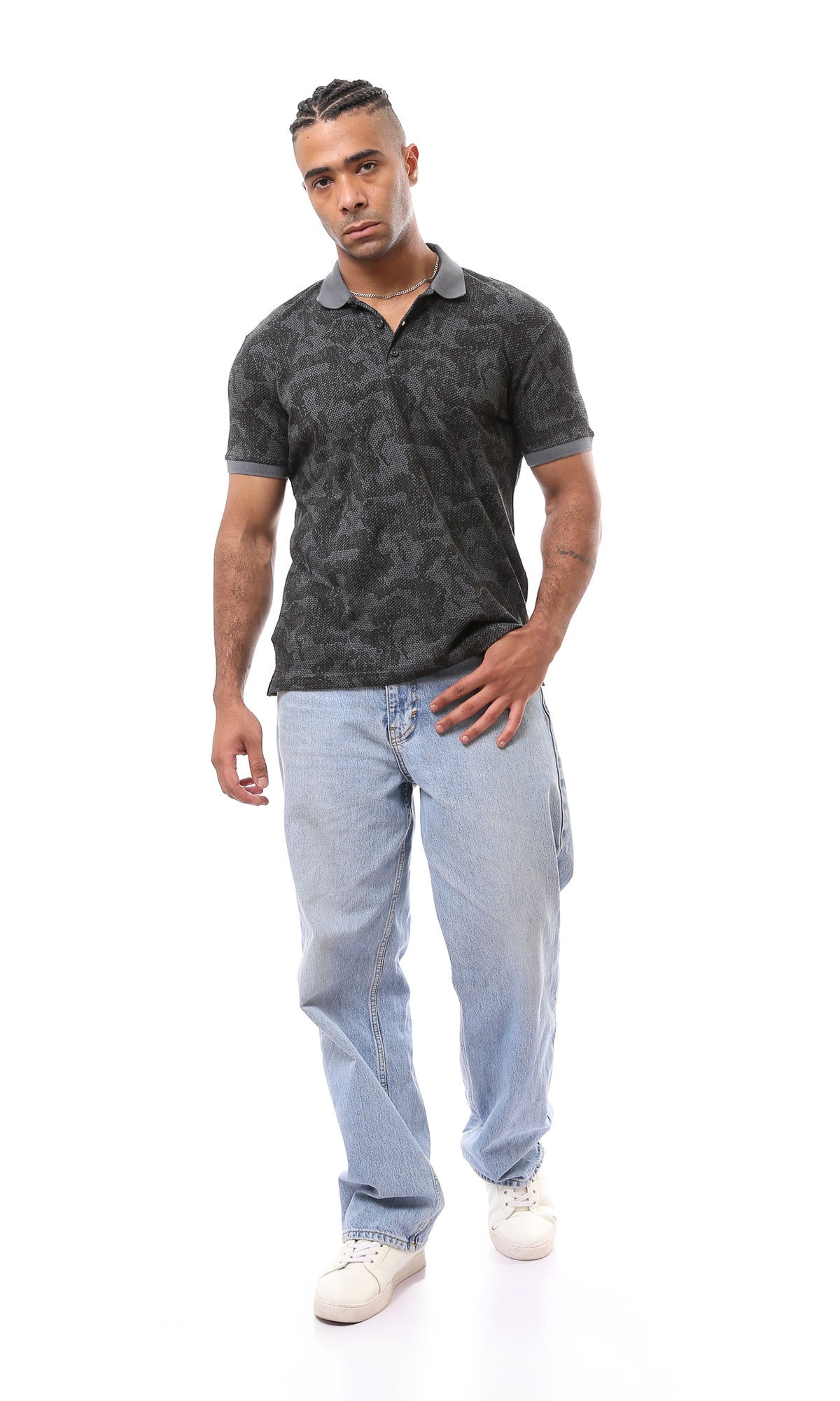 O165180 Classic Collar Dark Grey Patterned Polo Shirt