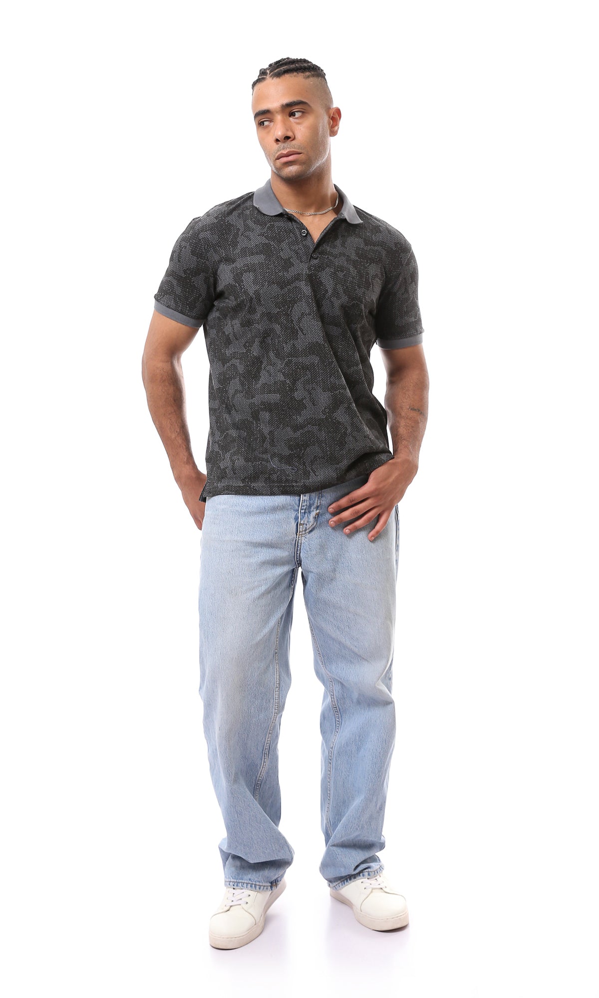 O165180 Classic Collar Dark Grey Patterned Polo Shirt