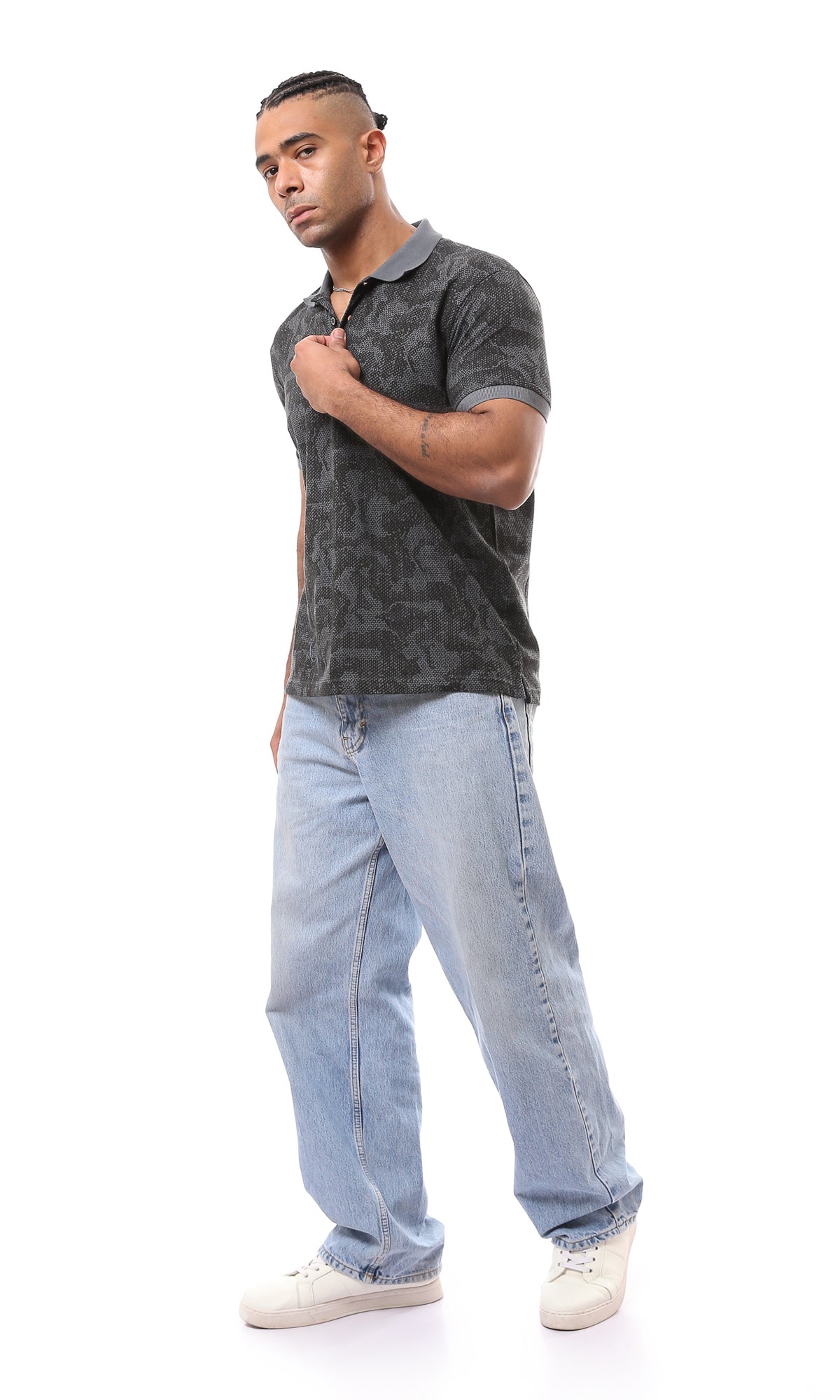O165180 Classic Collar Dark Grey Patterned Polo Shirt