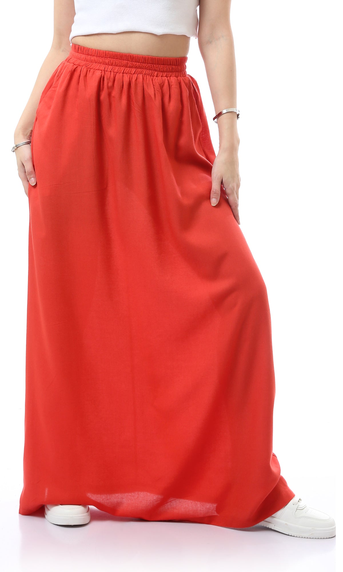 O165298 Elastic Waist Slip On Burnt Orange Maxi Skirt